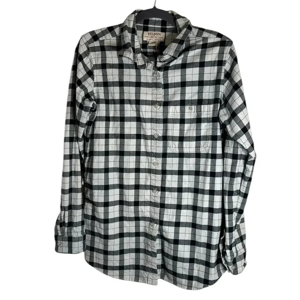 Filson Plaid Cream and Black Button Up Shirt Size Large Cabincore